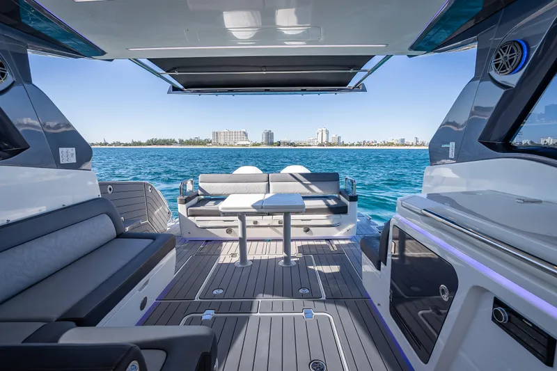 Yacht Photos Pics Luxurious 2023 Galeon 375 GTO yacht interior with ocean view and modern seating area.