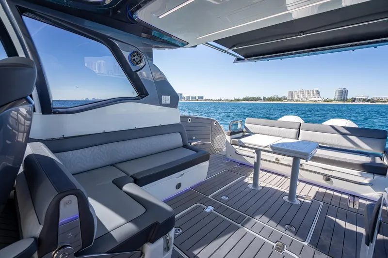  Yacht Photos Pics Luxurious 2023 Galeon 375 GTO yacht interior with sleek seating and ocean view.