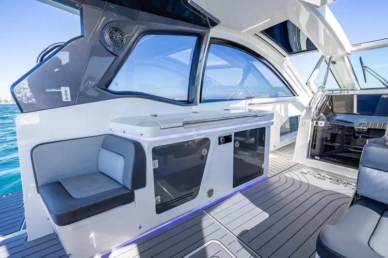  Yacht Photos Pics Luxurious interior of 2023 Galeon 375 GTO yacht with sleek seating and modern design.