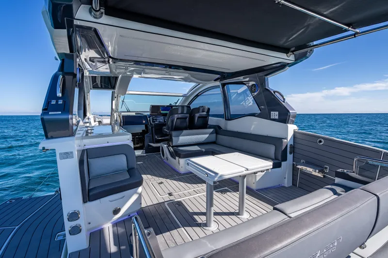  Yacht Photos Pics 2023 Galeon 375 GTO luxury yacht interior with sleek seating and ocean view.