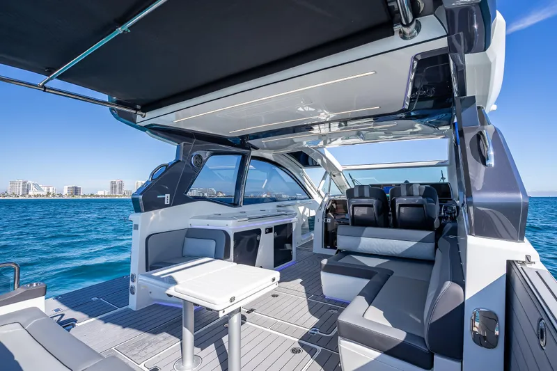  Yacht Photos Pics Luxurious 2023 Galeon 375 GTO yacht interior with sleek seating and ocean view.
