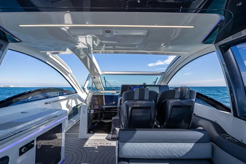  Yacht Photos Pics Interior of 2023 Galeon 375 GTO yacht with modern design and ocean view.