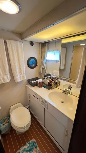 Sea Owl Yacht Photos Pics 1987 Hatteras Motoryacht bathroom with sink, mirror, and toilet, featuring nautical decor.