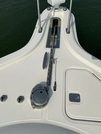 Intuition Yacht Photos Pics Bow of 2013 Tiara Yachts 36 with anchor chain and deck fittings.