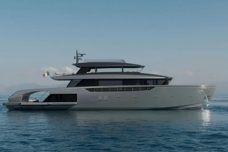  Yacht Photos Pics Sanlorenzo SX120 yacht 2027 model, sleek design, cruising on calm sea.