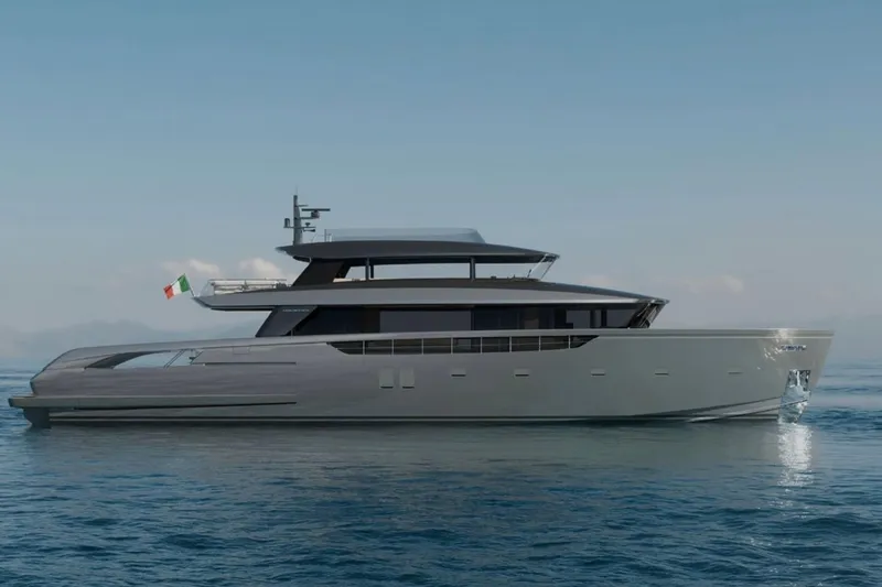  Yacht Photos Pics Luxury Sanlorenzo SX120 yacht, 2027 model, cruising on calm waters under a clear sky.