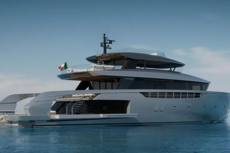  Yacht Photos Pics Luxurious 2027 Sanlorenzo SX120 yacht on serene blue waters, showcasing sleek modern design.