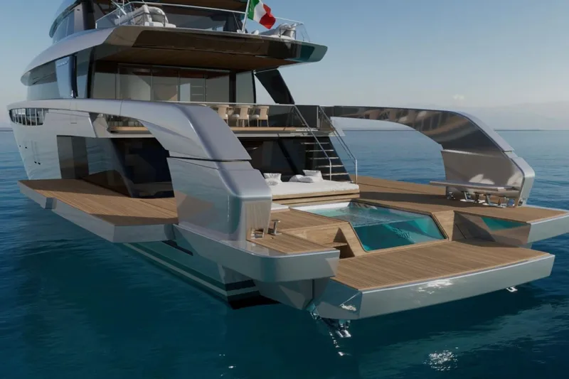  Yacht Photos Pics Luxury Sanlorenzo SX120 yacht 2027 with sleek design and elegant deck on open sea.