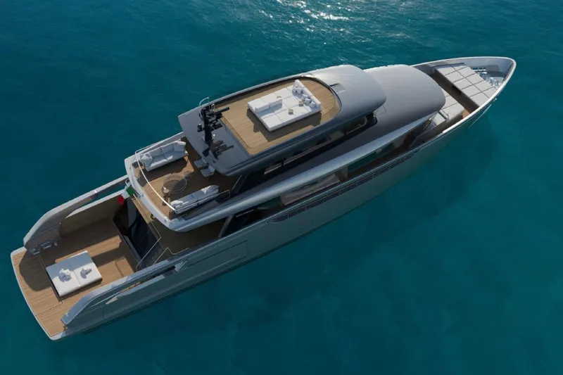  Yacht Photos Pics Sanlorenzo SX120 yacht 2027, aerial view, sleek design, luxurious deck, cruising on blue ocean.