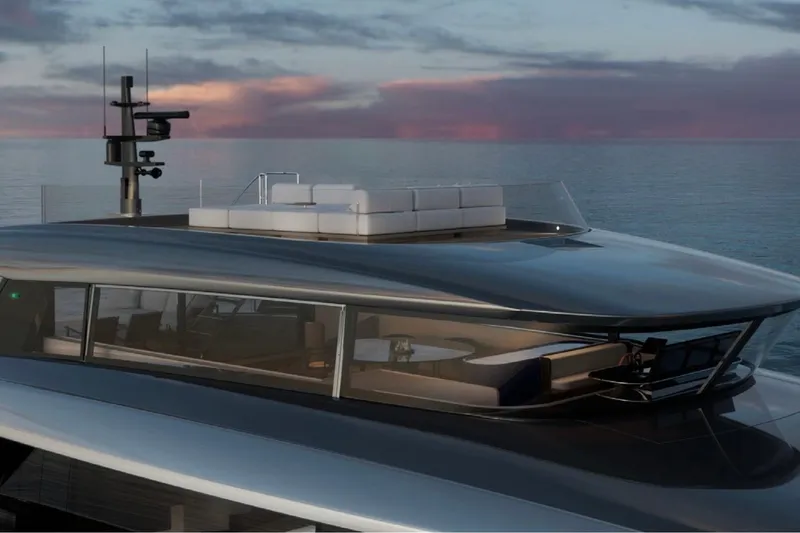  Yacht Photos Pics Luxurious 2027 Sanlorenzo SX120 yacht with sleek design at sunset on the ocean.