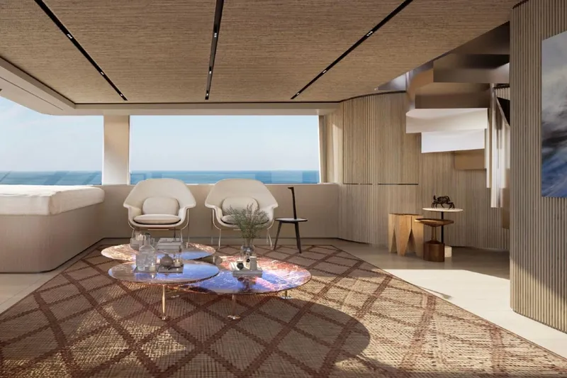  Yacht Photos Pics Luxurious interior of 2027 Sanlorenzo SX120 yacht, featuring modern seating and ocean views.