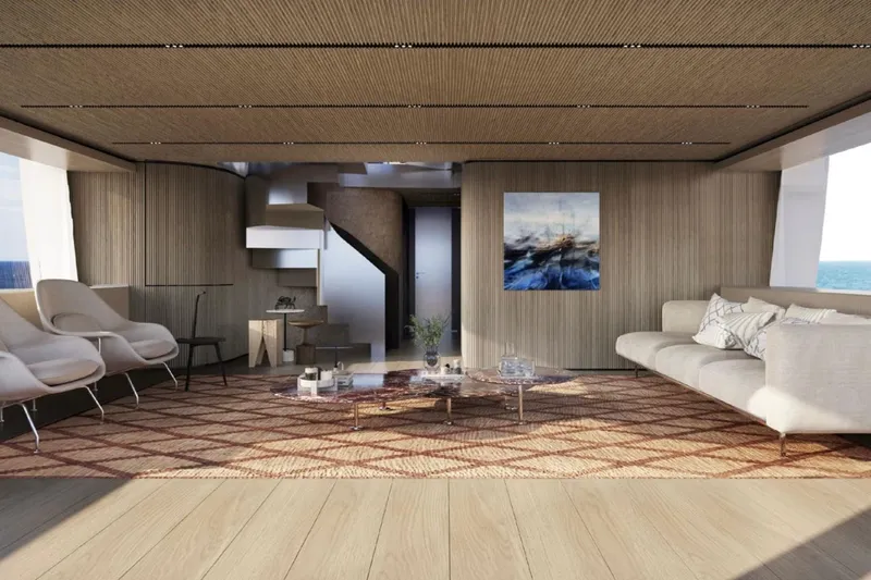  Yacht Photos Pics Luxurious Sanlorenzo SX120 yacht interior, 2027 model, featuring modern design and elegant furnishings.