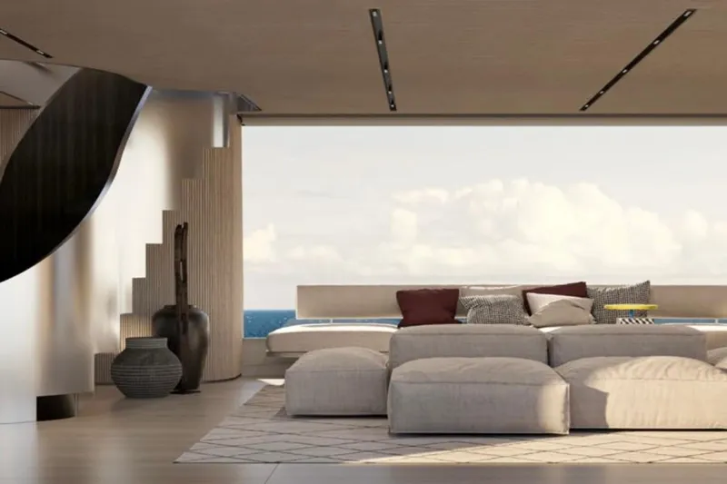  Yacht Photos Pics Luxurious interior of 2027 Sanlorenzo SX120 yacht with modern decor and ocean view.