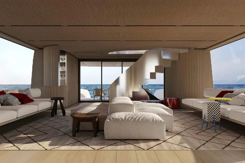  Yacht Photos Pics Luxurious interior of 2027 Sanlorenzo SX120 yacht with modern design and ocean view.