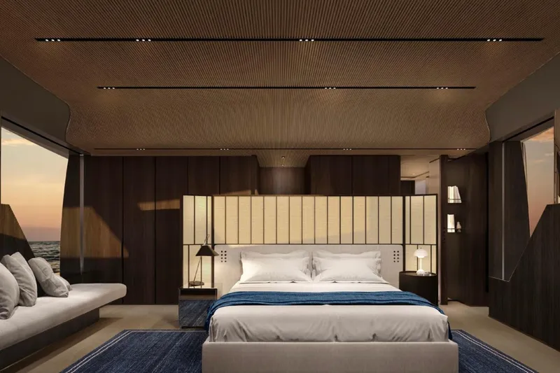  Yacht Photos Pics Luxurious Sanlorenzo SX120 2027 yacht bedroom with modern design and ocean view.