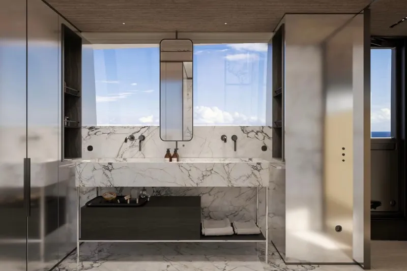  Yacht Photos Pics Luxurious marble bathroom interior on Sanlorenzo SX120 yacht, 2027 model, featuring modern fixtures and ocean view.