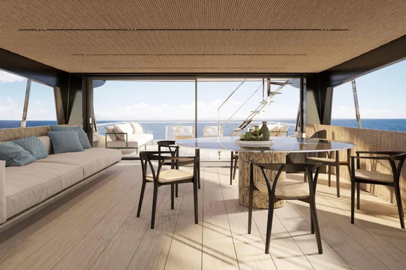  Yacht Photos Pics Luxurious interior of 2027 Sanlorenzo SX120 yacht with ocean view and elegant furnishings.