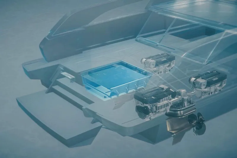  Yacht Photos Pics Futuristic Sanlorenzo SX120 yacht design with visible engines and pool, 2027 model.