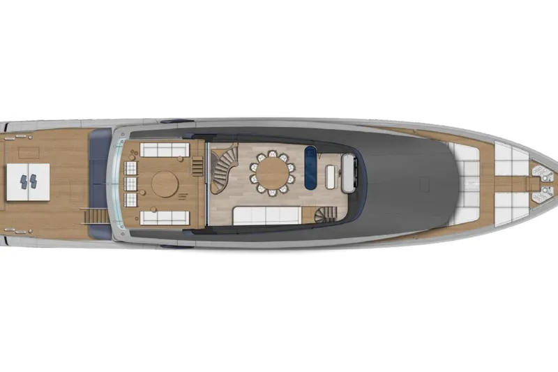  Yacht Photos Pics Top view of 2027 Sanlorenzo SX120 yacht layout, showcasing spacious deck and interior design.
