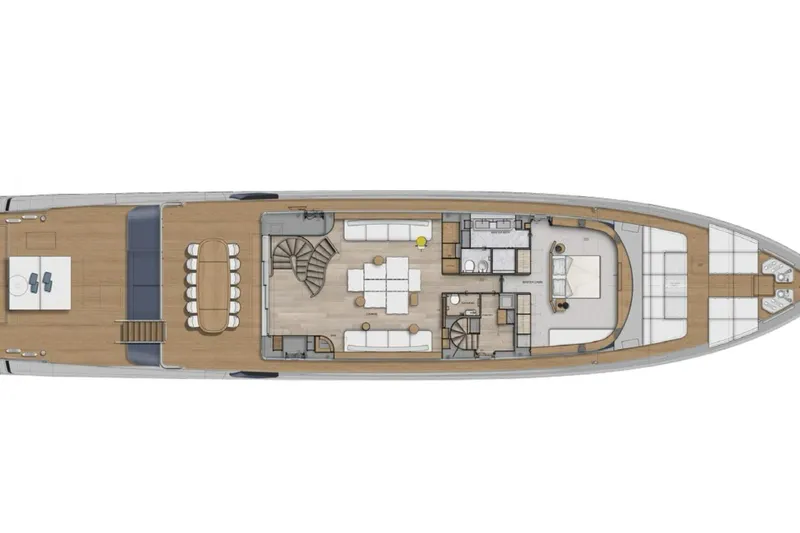  Yacht Photos Pics Deck layout of 2027 Sanlorenzo SX120 yacht, featuring spacious living and dining areas.