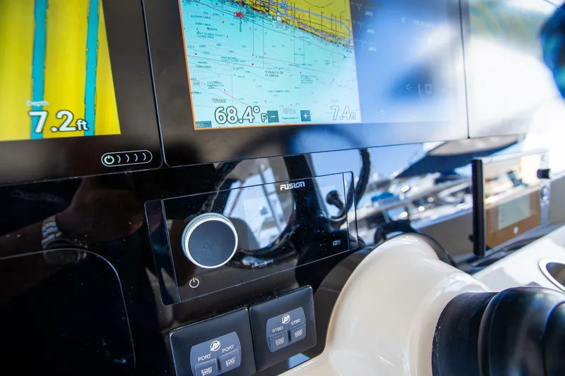  Yacht Photos Pics Control panel of a 2019 Boston Whaler 380 Realm with navigation displays.