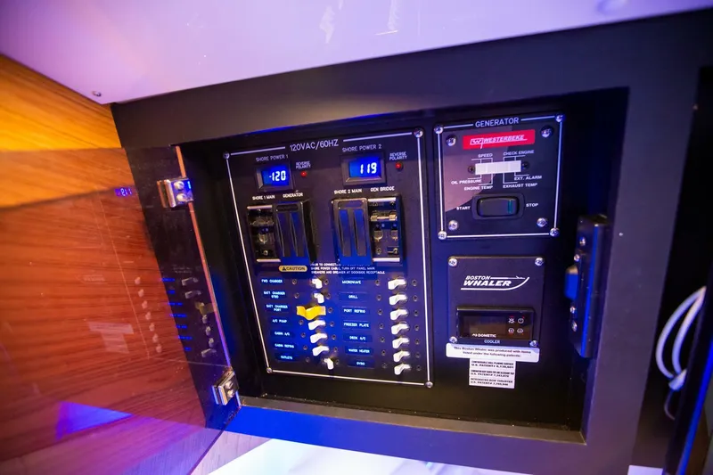  Yacht Photos Pics Electrical control panel on a 2019 Boston Whaler 380 Realm boat.