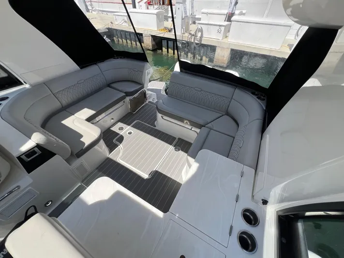 Donna Jane Yacht Photos Pics 2023 Sea Ray Sundancer 370 OB interior seating area with modern design.