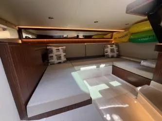 Donna Jane Yacht Photos Pics Interior cabin of 2023 Sea Ray Sundancer 370 OB with modern seating and cushions.