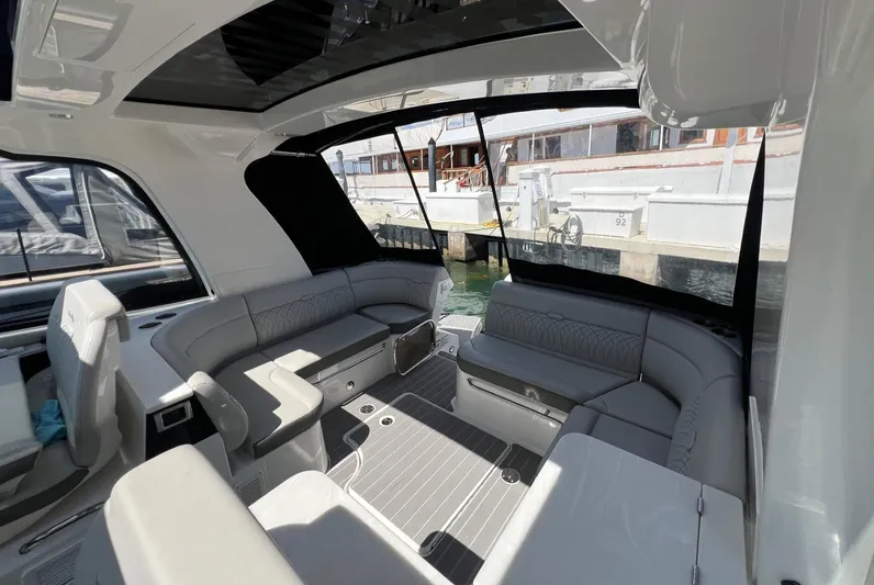 Donna Jane Yacht Photos Pics 2023 Sea Ray Sundancer 370 OB interior with spacious seating and modern design.