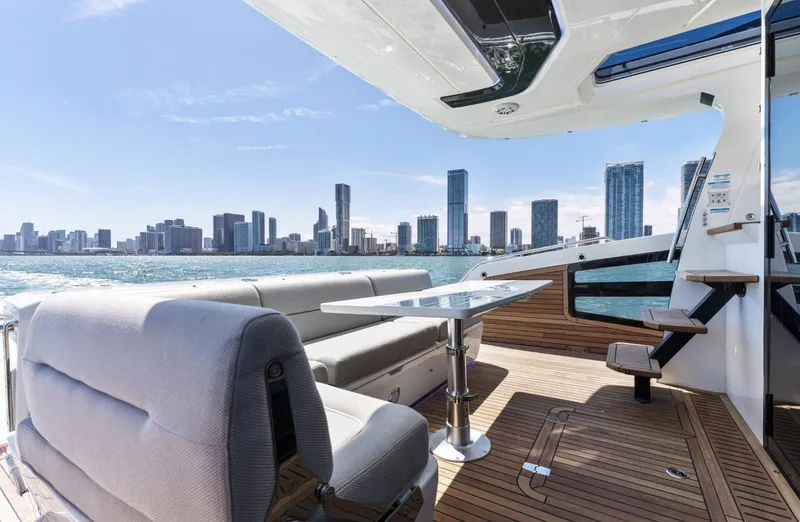  Yacht Photos Pics Luxurious Galeon 440 Fly yacht interior with city skyline view, 2026 model.