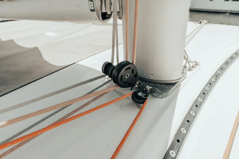 27 Reasons Yacht Photos Pics Close-up of sailing rigging on a 2020 Excess 12 catamaran deck.