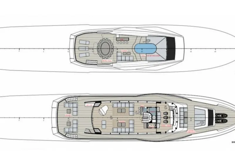  Yacht Photos Pics Blueprint of a 2026 Custom PK50 yacht, showcasing upper and lower deck layouts.