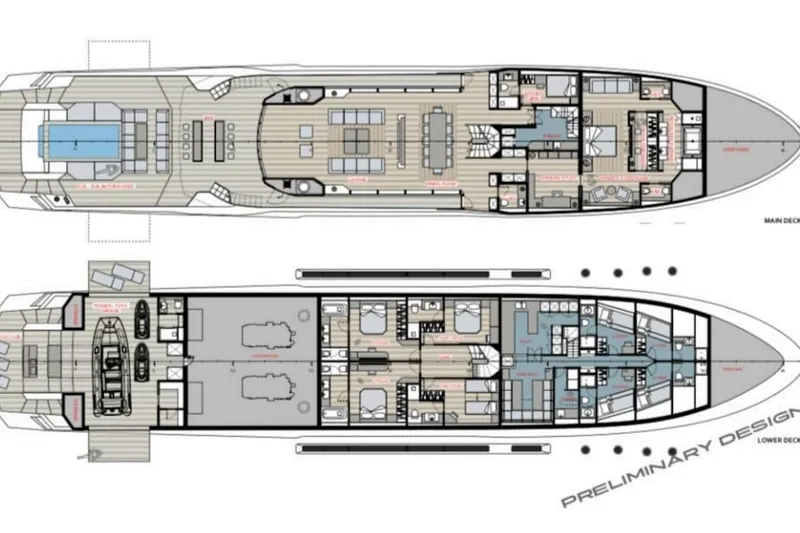  Yacht Photos Pics Floor plan of a 2026 Custom PK50 yacht, showcasing main and lower decks.