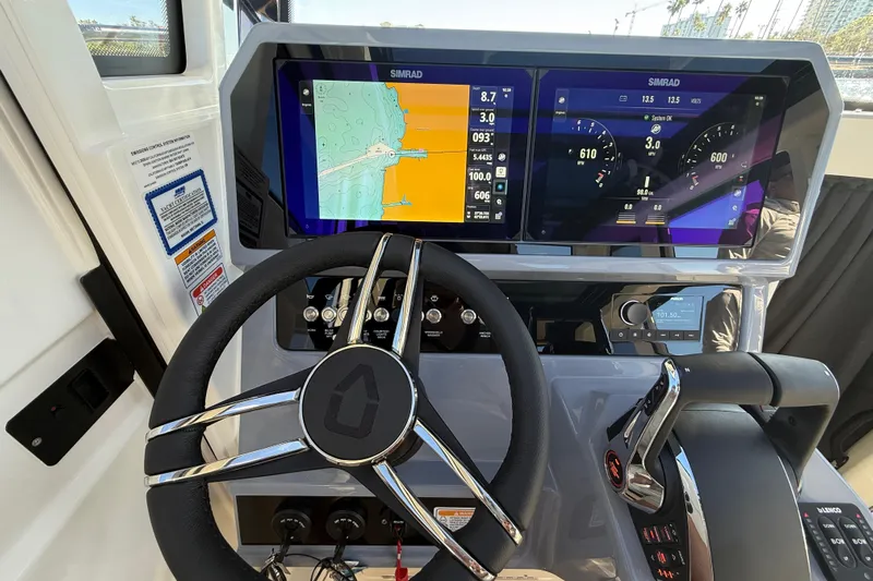  Yacht Photos Pics Steering console of 2026 Navan C30 boat with advanced navigation displays.