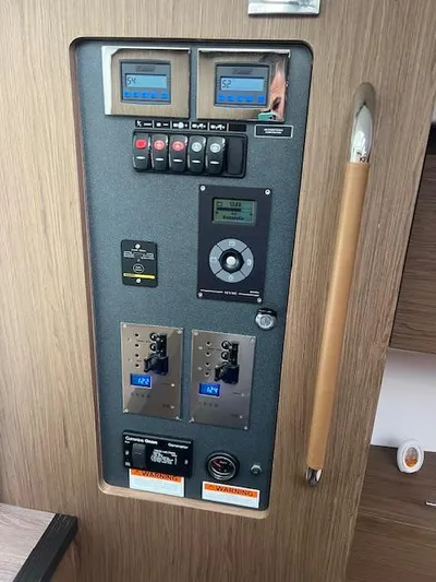  Yacht Photos Pics Control panel of a 2019 Beneteau Gran Turismo 40 yacht, featuring various gauges and switches.
