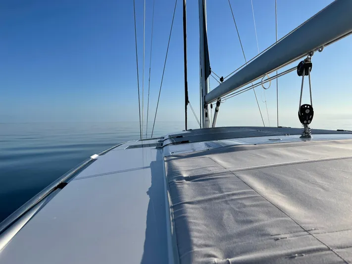 Southwind Yacht Photos Pics 2021 Moody 45 DS sailboat deck with calm sea and clear sky.