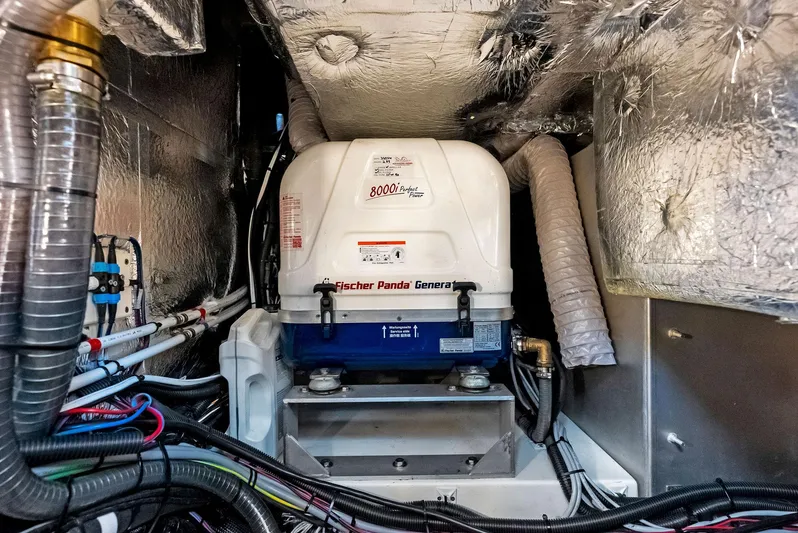 Southwind Yacht Photos Pics Engine room of a 2021 Moody 45 DS yacht with Fischer Panda generator.