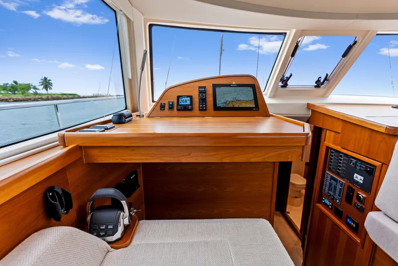 Southwind Yacht Photos Pics Interior helm station of 2021 Moody 45 DS sailboat with navigation equipment.