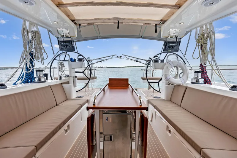Southwind Yacht Photos Pics 2021 Moody 45 DS yacht cockpit with dual steering wheels and ocean view.