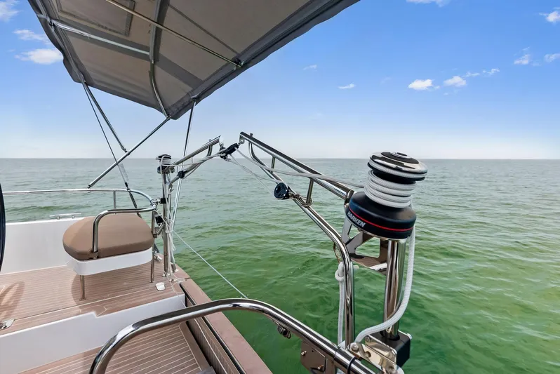 Southwind Yacht Photos Pics Moody 45 DS 2021 sailboat deck with ocean view and clear blue sky.