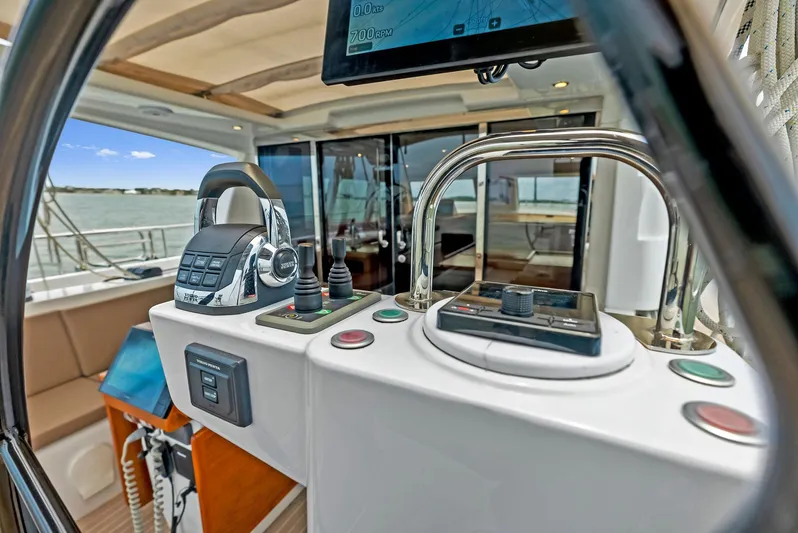 Southwind Yacht Photos Pics Helm station of 2021 Moody 45 DS yacht with modern controls and navigation equipment.
