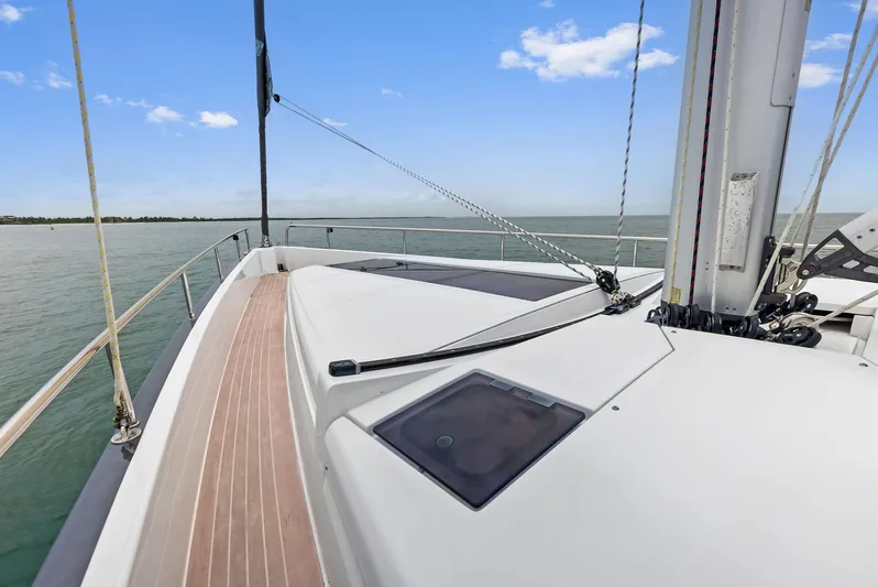 Southwind Yacht Photos Pics 2021 Moody 45 DS sailboat deck with ocean view and clear sky.