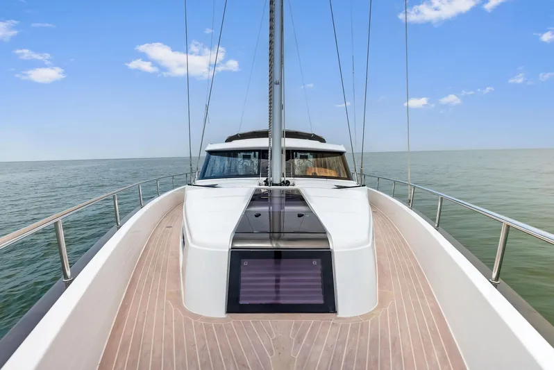 Southwind Yacht Photos Pics 2021 Moody 45 DS sailboat deck with ocean view and clear blue sky.