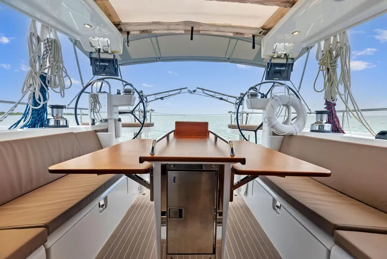 Southwind Yacht Photos Pics Modern cockpit of 2021 Moody 45 DS sailboat with dual steering wheels and seating area.