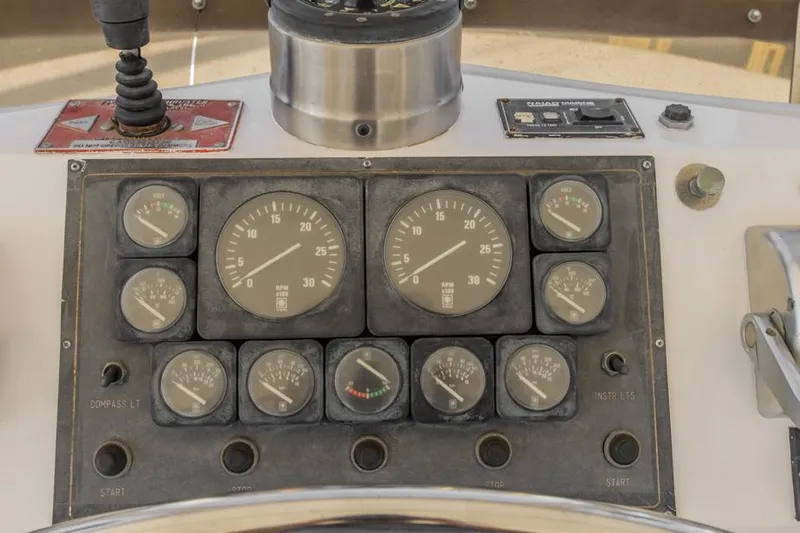 Betelgeuse Yacht Photos Pics Control panel of a 1988 DeFever 53 POC yacht with gauges and switches.