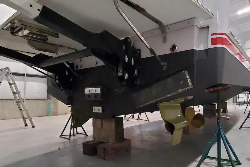 Ripple Yacht Photos Pics 2021 Sabre 45 Salon Express boat under maintenance in a workshop.