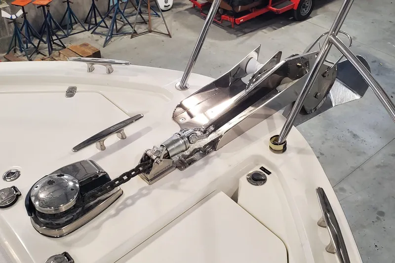 Ripple Yacht Photos Pics 2021 Sabre 45 Salon Express anchor system on deck in a workshop setting.