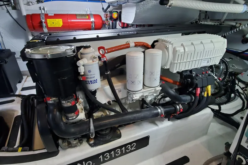 Ripple Yacht Photos Pics Engine room of 2021 Sabre 45 Salon Express with visible components and wiring.