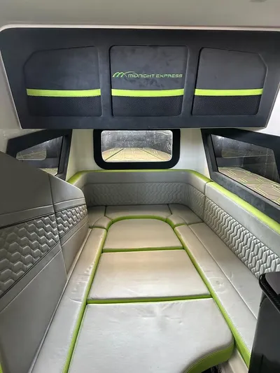 Yacht Photos Pics Interior of 2022 Midnight Express 43' Solstice boat with modern seating and storage.