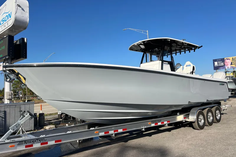  Yacht Photos Pics 2026 Contender 35 ST boat on trailer under clear blue sky.